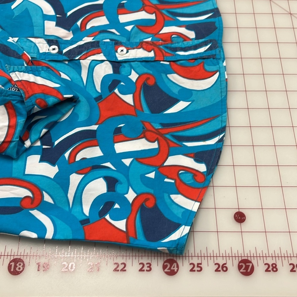 TIZZIE Artsy Mod Print Contrast French Cuff Preppy Retro Blue/Red Cotton Top S - Picture 16 of 16